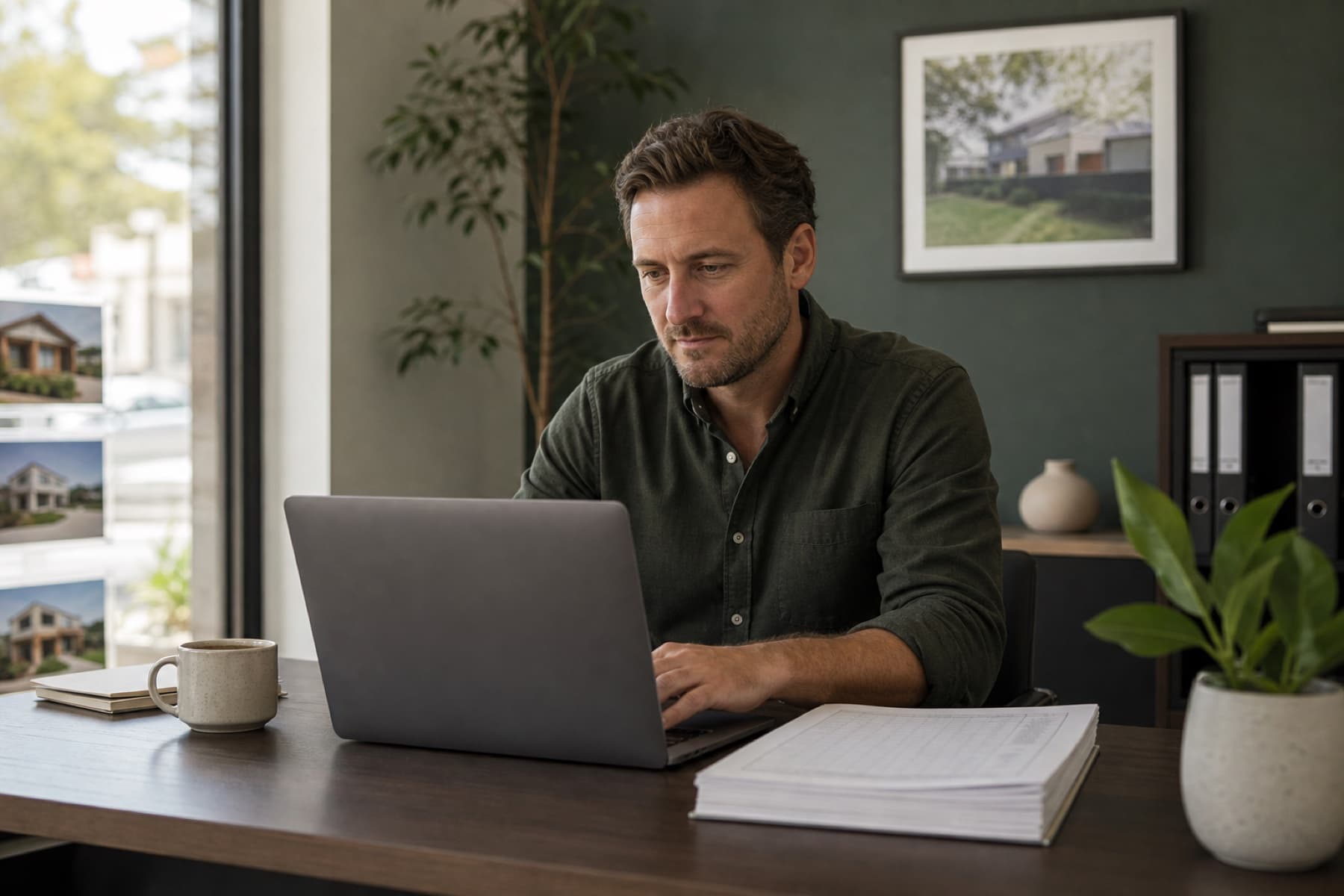 Illustrative property office with a manager working at a desk